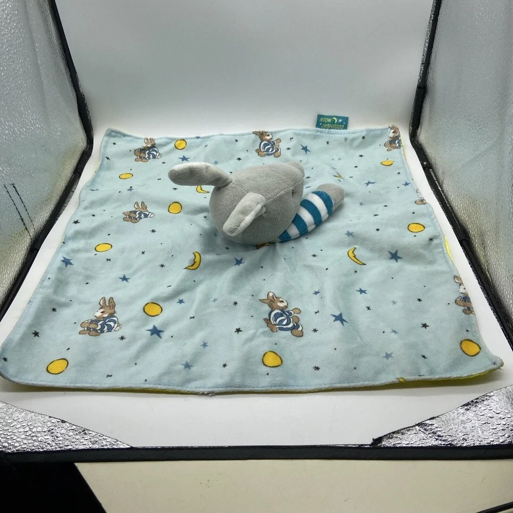 Goodnight‎ Moon Bunny Lovey Security Blanket Blue Yellow Plush Stars Moon Rabbit